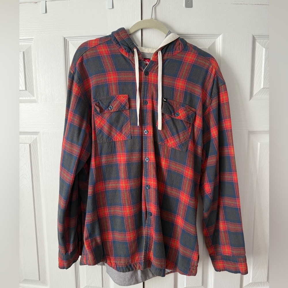 Quiksilver Red and Blue Plaid Hooded Flannel